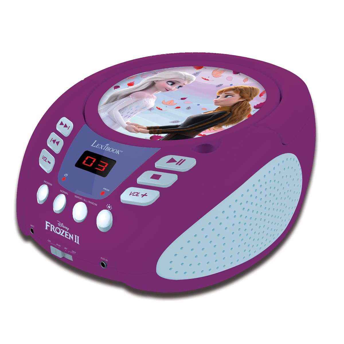 – Lexibook, Frozen, Bluetooth CD Player for Kids, Portable, Multicoloured Light Effects, Microphone, Aux-in Jack, AC or Battery-Operated, Girls, Boys, Purple, RCD109FZLXB