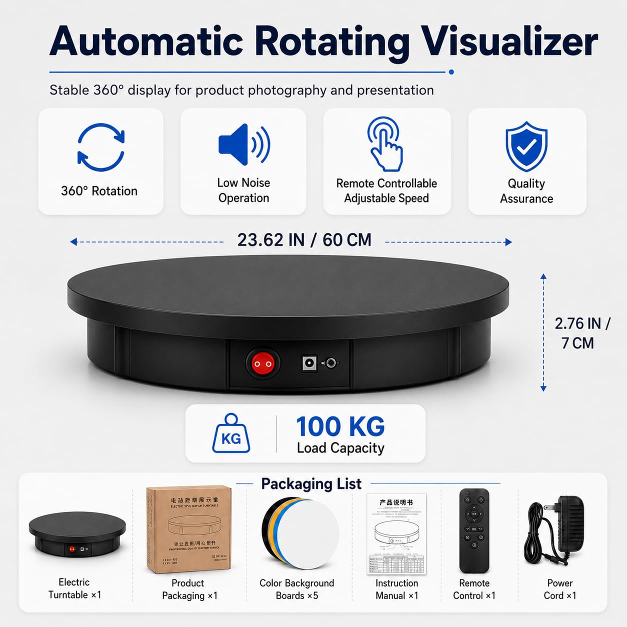 Supporto espositivo girevole motorizzato per vetrine di negozi White | Rotazione a 360°, diametro 60 cm / carico 100 kg, cavo di alimentazione 1,5 m, velocità regolabile: 40–120 s/giro