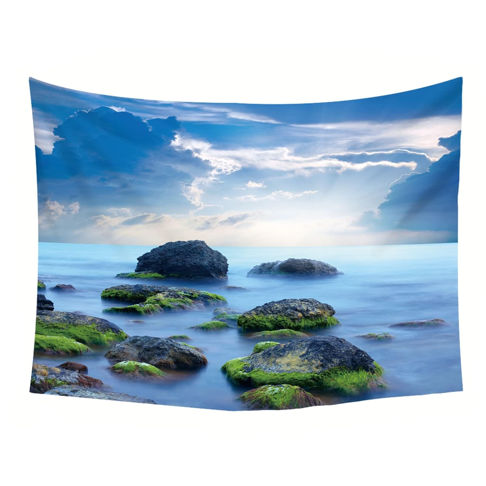 Gualiy Wandtuch Schlafzimmer 240x220cm, Wandbehang Stein Meer Himmel Szenerie Wandbehang für Schlafzimmer Wohnheim Dekor, Blau Grün