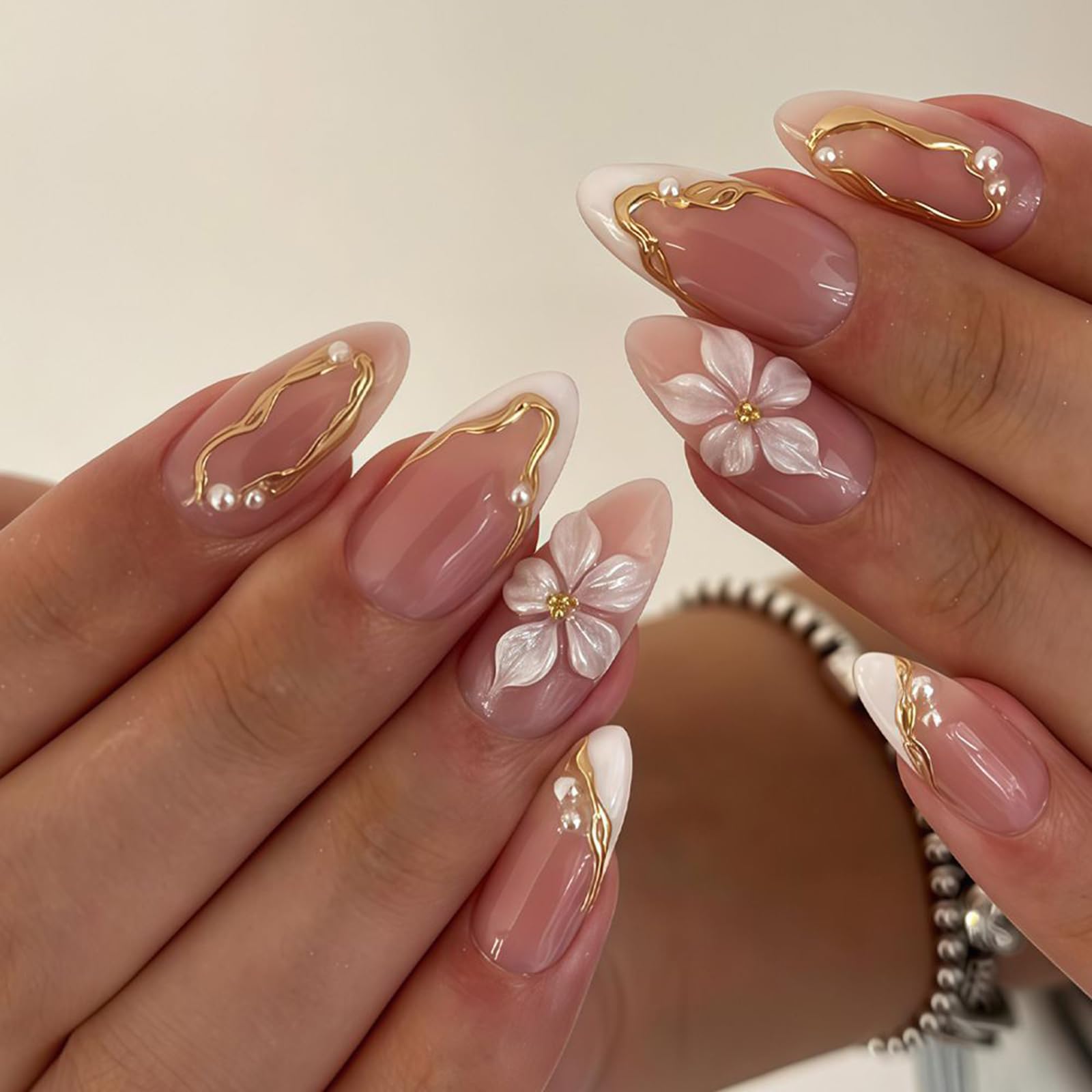 French Flower Press On Nails, 3D Press On Nails with Gold Stripes and Pearl Accents, Almond Shaped Fake Nails for Daily Wear and Special Occasions, 24Pcs Nude Pink ABS Nail Set-picture-23