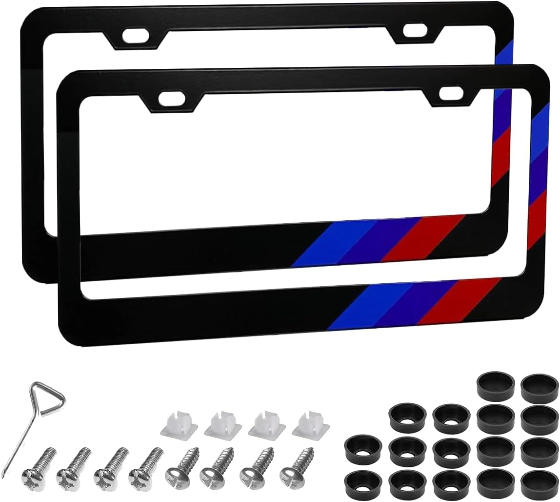 2pcs Aluminum Alloy License Plate Frames for BMW,Black License Plate Frame,4 Holes Aluminum Alloy Weather Proof License Plate Cover with Fasteners, Screws, Valve Caps and Tool