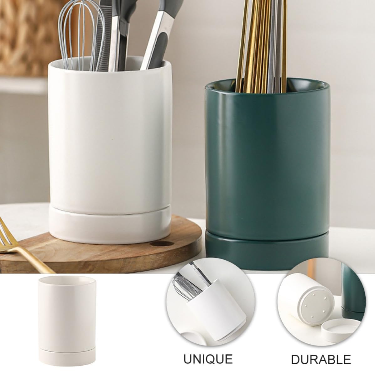 SHINEOFI Porte-ustensiles en Céramique Blanc avec Fonction Drainante et Résistance aux Rayures Cuisine, Support Pratique pour Baguettes et Fourchettes