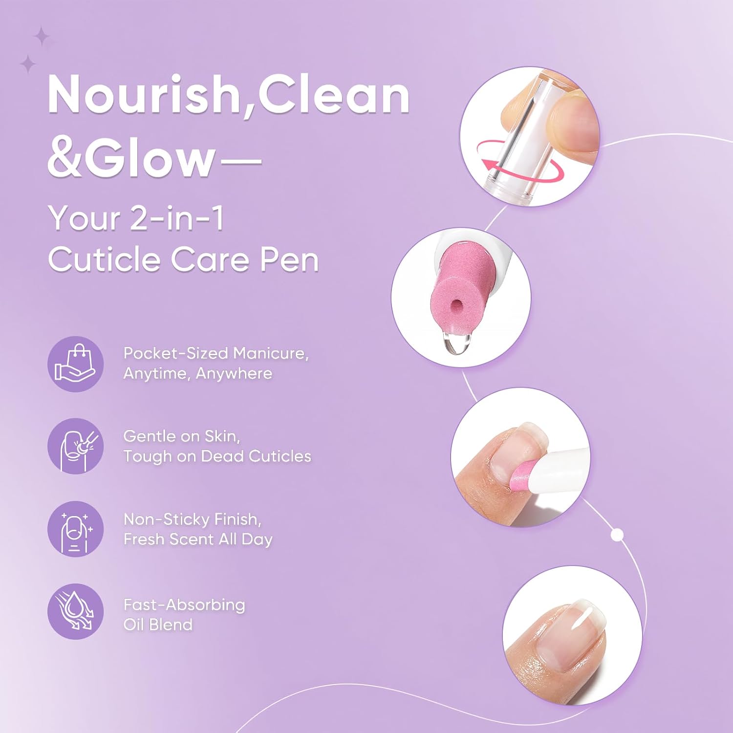 Cuticle Oil Pusher Pen 2-in-1 Clean & Moisturize | Removes Dead Skin & Dirt from Nail Edges | Nourishing Jojoba & Almond Oils | At-Home or On-the-Go Manicure for Women & Men (Lavender)