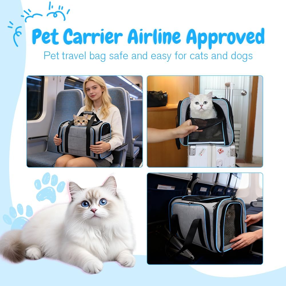 Double Expandable Cat Carrier,Airline Approved Soft-Sided Pet Travel Carrier for Small Dogs Cats under 15 lbs,Waterproof 600D Oxford Fabric with Washable Replacement Liner,Odor-Free & Claw-Proof(Blue)