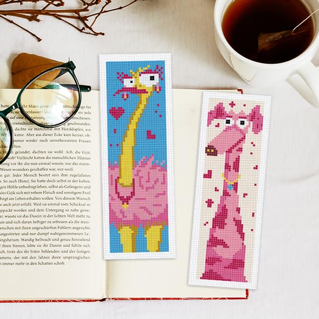 Image of INFUNLY 6pcs Abstract Animal DIY Cross Stitch Bookmark Kits for Beginners Pink Theme Cross Stitch Kit with Instruction Bunny Cat Dog Stamped Embroidery Bookmark Kit for Book Lovers Readers Gift