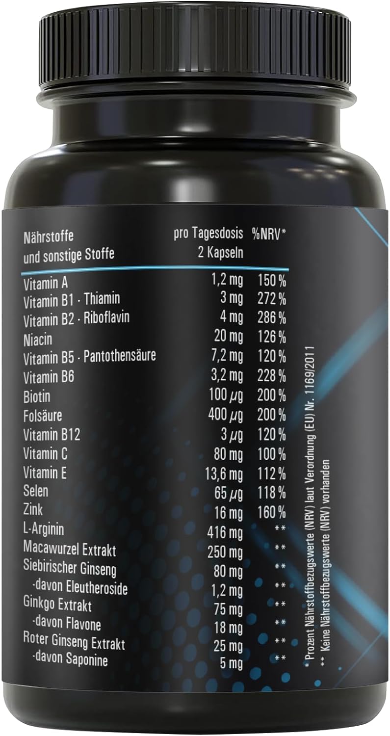 MEN INTENSE - Männer Kapseln extrastark - DAUERHAFT Rezeptur hochdosiert - mit L-Arginin, Maca, Vitaminen, Ginseng, Ginkgo, 60 Kapseln