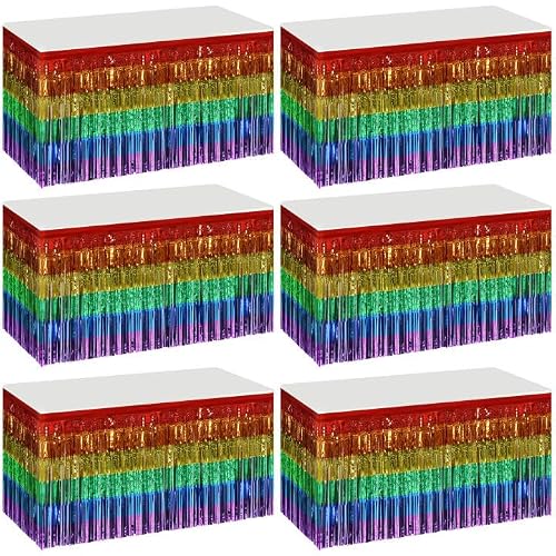 6 Packs Pride Rainbow Table Skirts- 110" x 30" LGBT Rainbow Metallic Foil Fringe Tinsel Table Skirts- Tinsel Foil Fringe Tablecloth LGBT Decorations for Gay Pride Day, Birthday, Wedding Party Decor