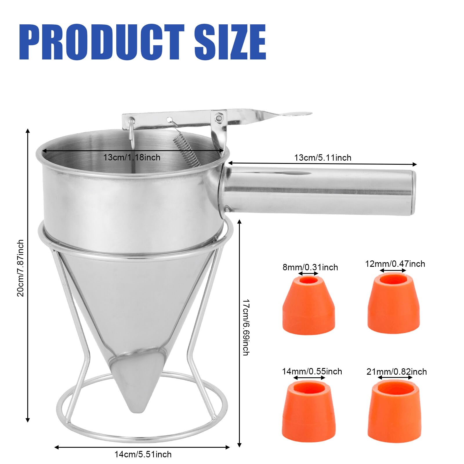 Dispensador de masa para panqueques, 1200 ml, acero inoxidable, multi-calibre, con soporte y 4 boquillas de repuesto