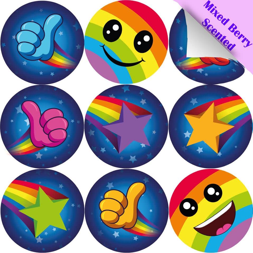 120 Mixed Berry Rainbow Star Smiles 30mm Scented Reward Stickers for Teachers, Parents and Party Bags