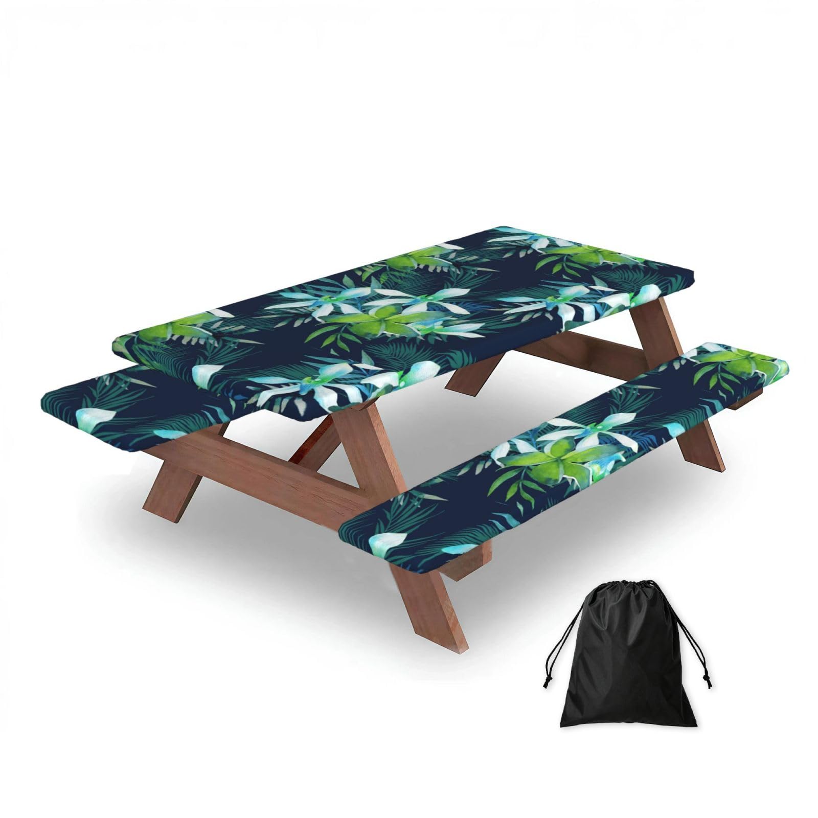 Tropical Flower Printed, Picnic Table Cover With Bench Covers -Waterproof Elastic Fitted Tablecloth for Garden Camping Patio 76x152cm