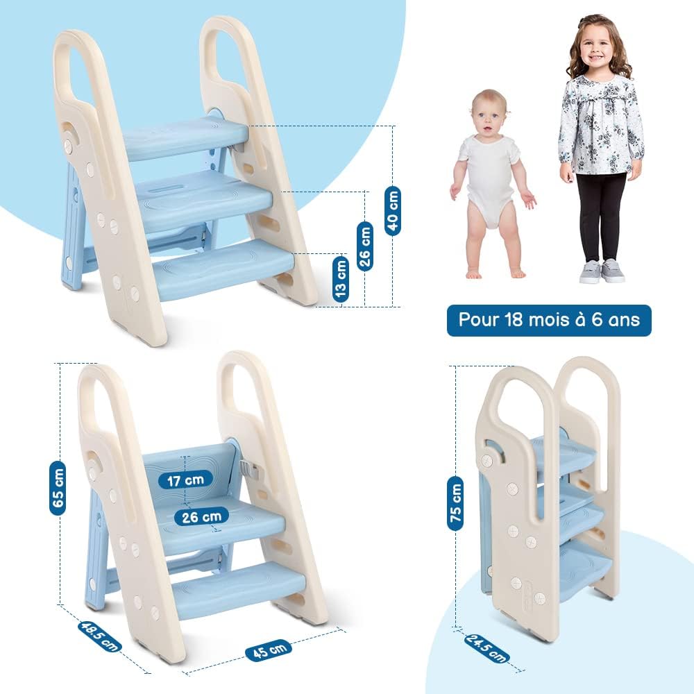Onasti Sgabello a tre gradini pieghevoli per bambini, Scaletta 3 gradini, Sedile per Addestramento WC, Multifunzione, Regolabile in Altezza, Antiscivolo (Blu)