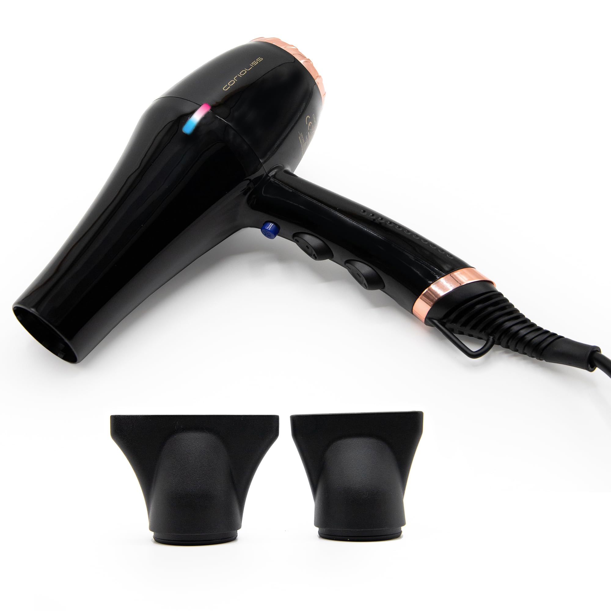 Corioliss Sèche-Cheveux Professionnel Ionique FLOW+ Black Copper 2000 W avec 3 réglages de température et 2 vitesses.