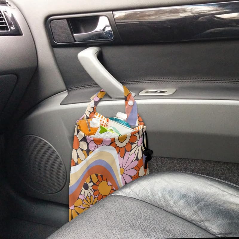 Image of Hippie Flower Car Trash Can, 90s Swirl Floral Auto Organizer for Storage or Garbage, Groovy Daisy with Adjust Handle