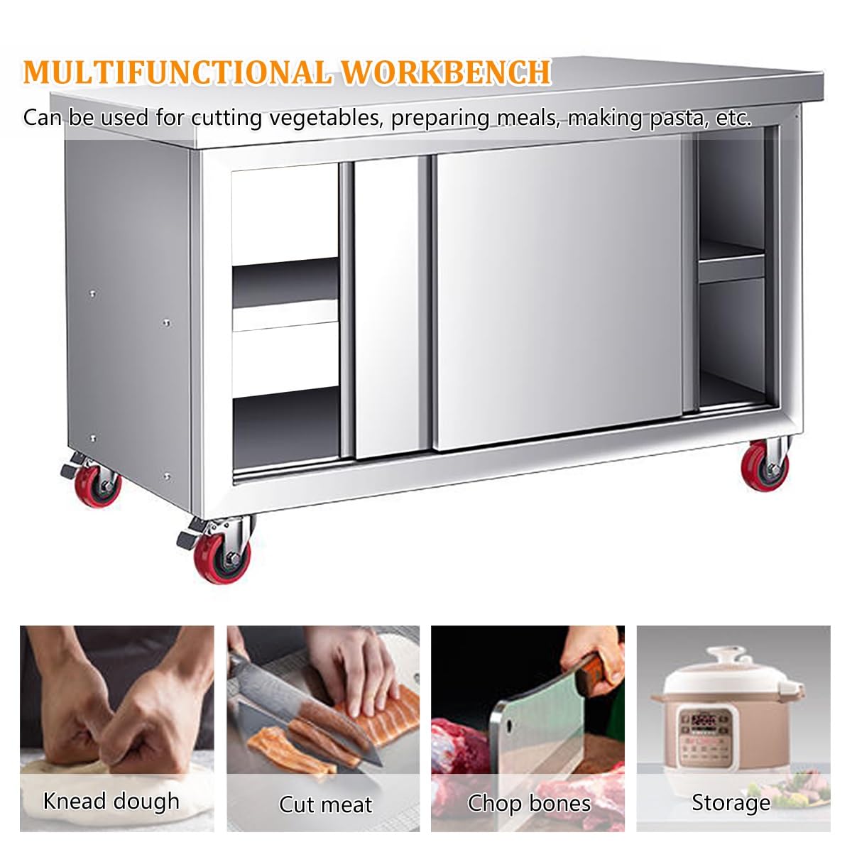 Mesa de trabajo de acero inoxidable con puertas dobles correderas y almacenamiento, mesa de preparación resistente con ruedas para cocina comercial, restaurante y garaje