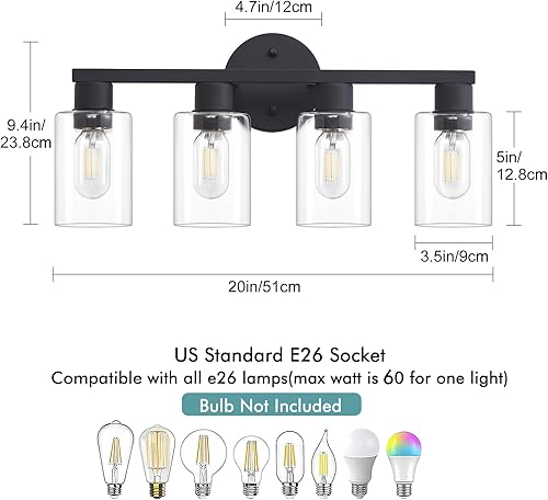 Miniatura 3 de Lámpara de tocador de baño de 4 luces, lámparas de baño negro mate con pantalla de vidrio transparente, 4 luces de tocador, accesorios de