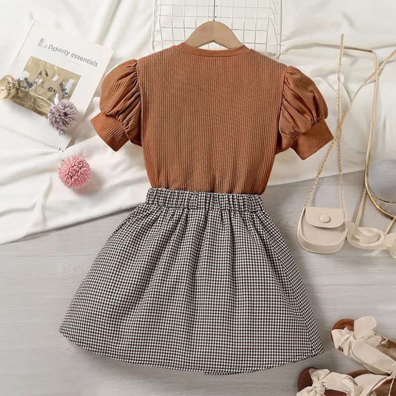 Image of Niren Enterprise Brown Dipper Chacks Printed Short Sleeve Baby Girl Frock
