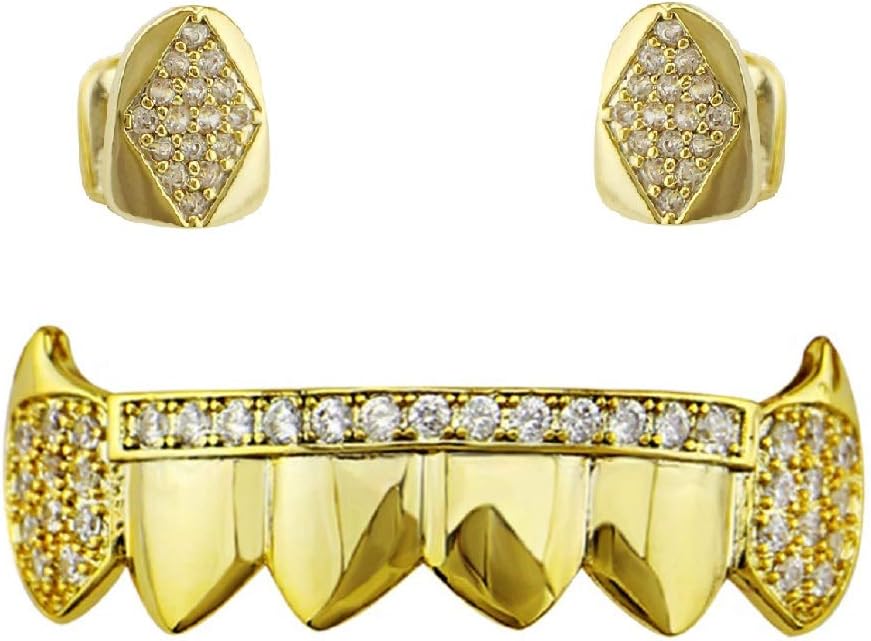 OOCC 18K Gold Plated Hip Hop Teeth Grillz Caps Iced Out CZ 2 pc Single Top 6 Bottom Vampire Fangs Grillz with Diamonds for Your Teeth