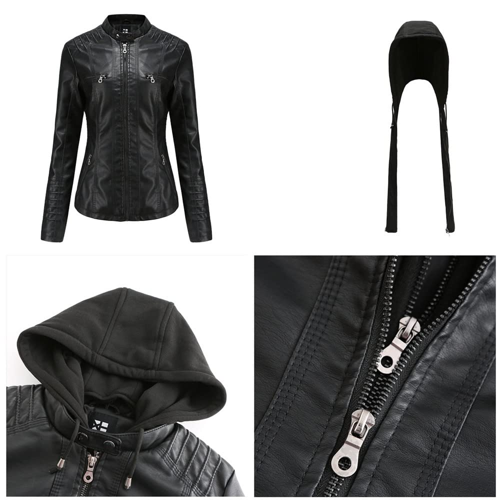 E-girl Damen Kunstleder Kapuzen-Bikerjacke RV | Abnehmbare Kapuze, Kordeln, Brust-RV-Taschen, Taillen-RV-Taschen. Kapuzenjacke, Biker-Jacke