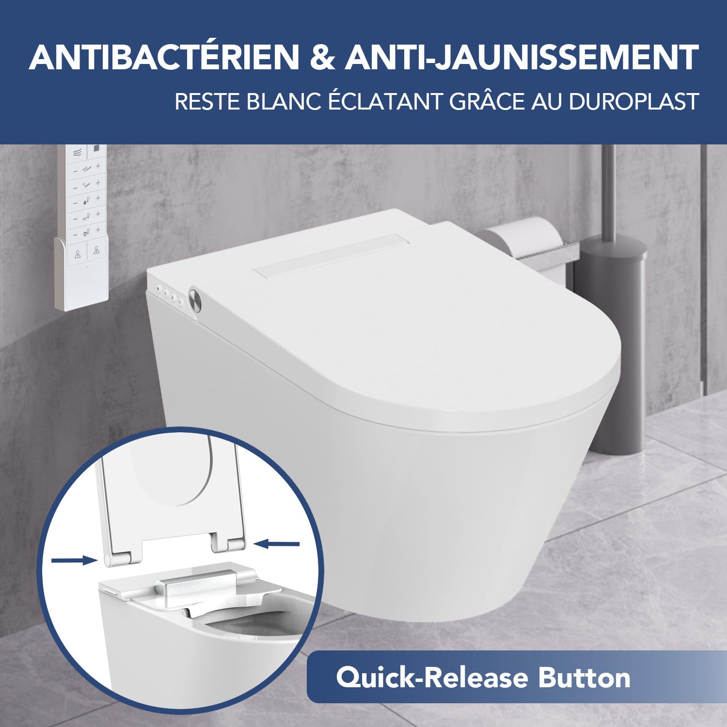 WC Japonais Smart 7201 Pro, Toilette Japonais Suspendu Blanc Avec Télécommande, Position et Température du Jet Réglable, Séchoir Air Chaud 3 Niveaux