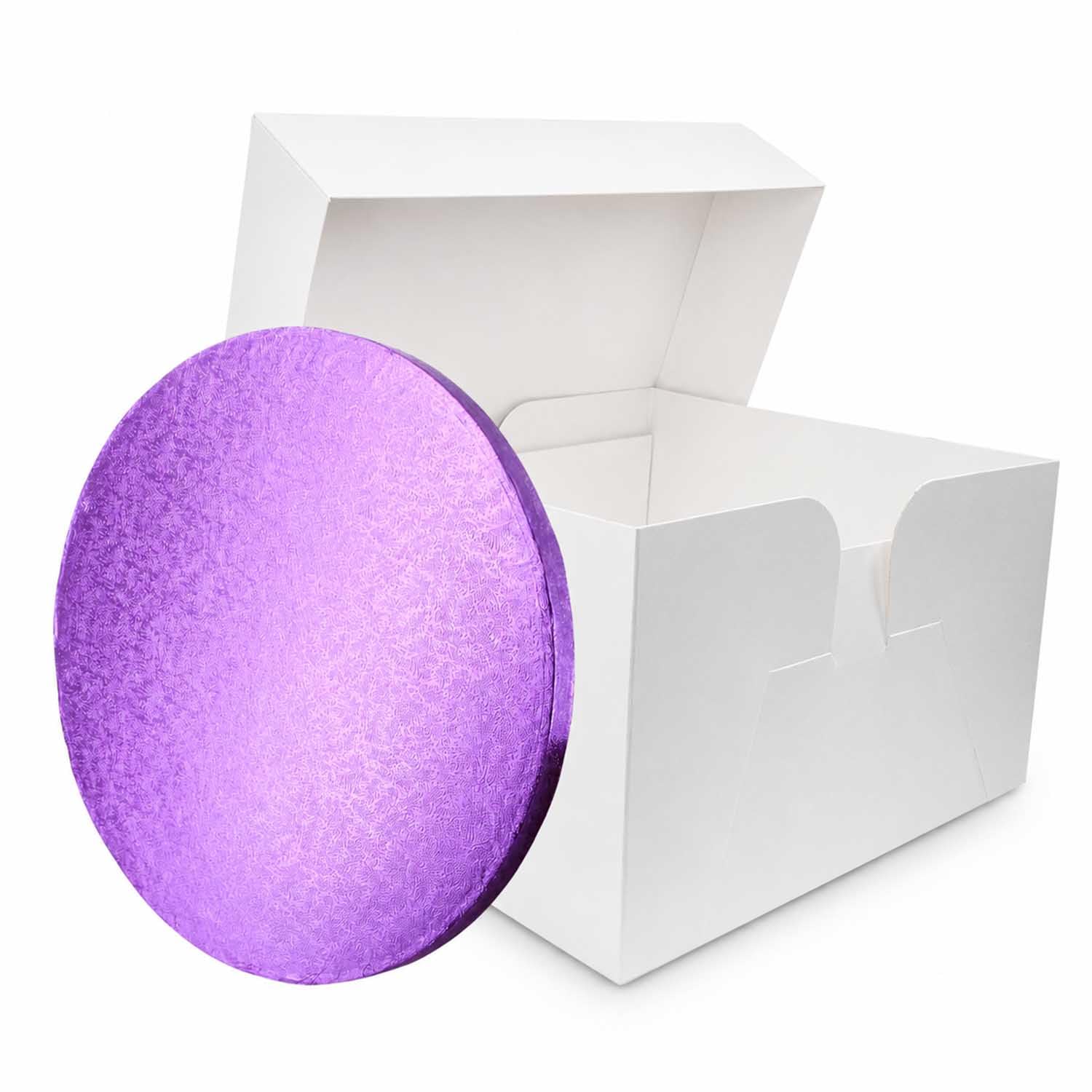 LARRYROO Colour Cake Drum Board & White Box + Lid Combo Pack for Wedding, Birthday Cakes (Purple, 8 Inches)