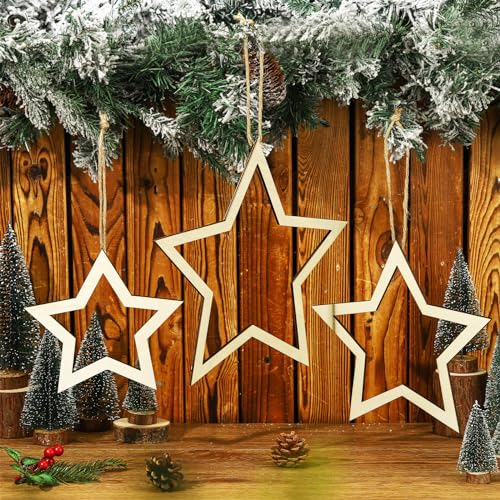 Suzile 3 Pcs Wooden Star Cutouts Hanging Ornaments Nursery Wall D...