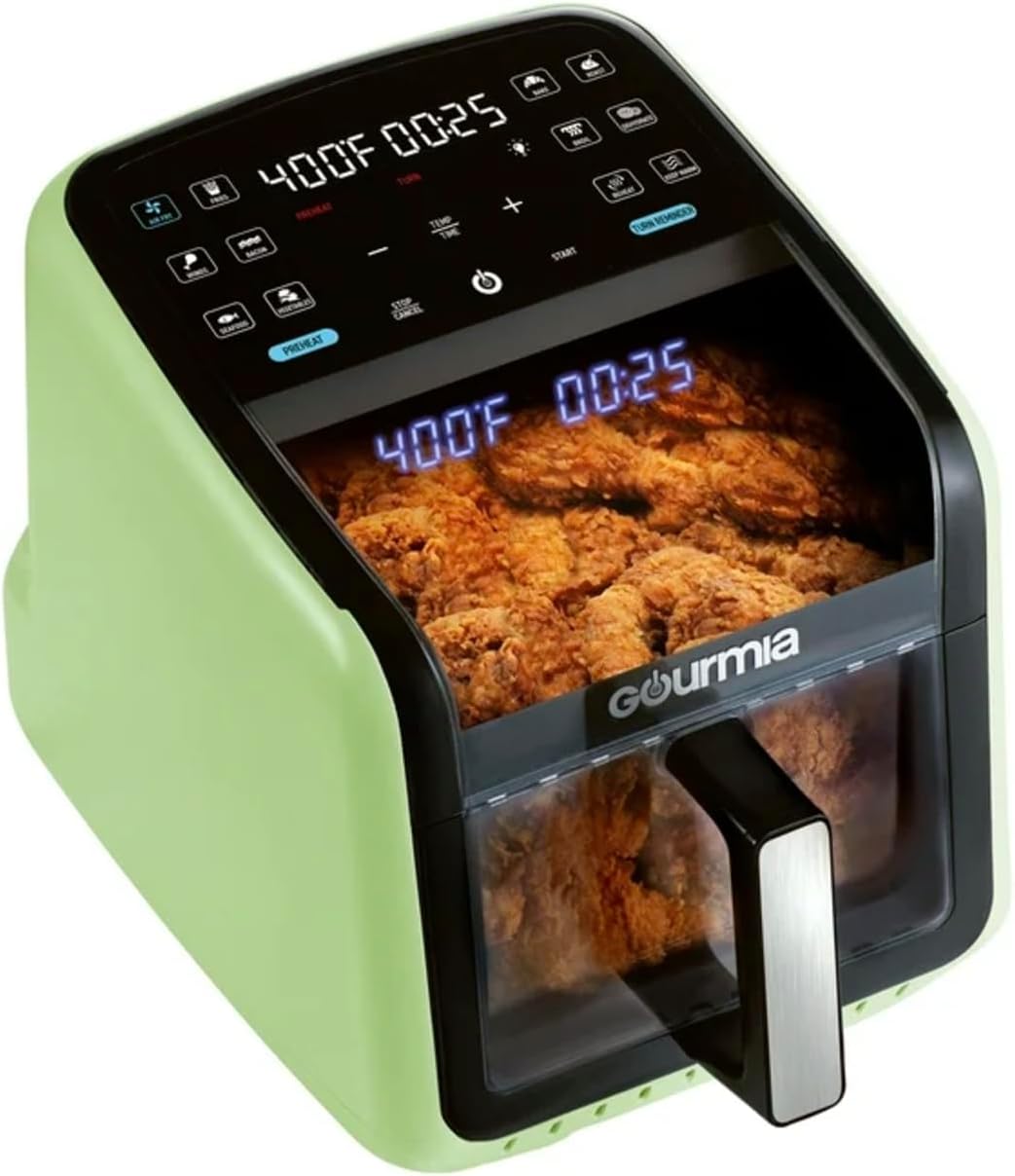 Gourmia 7-QT Digital Air Fryer in green, showing fried chicken inside through the panoramic window.