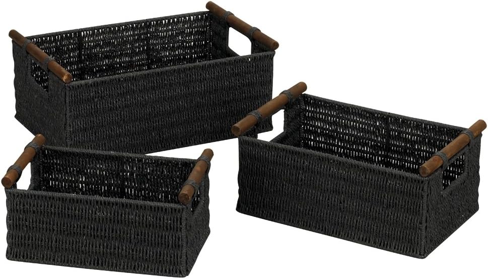 Household Essentials ML-7052 Paper Rope Wicker Storage Baskets with Wood Handles |Set of 3 | Black Stain