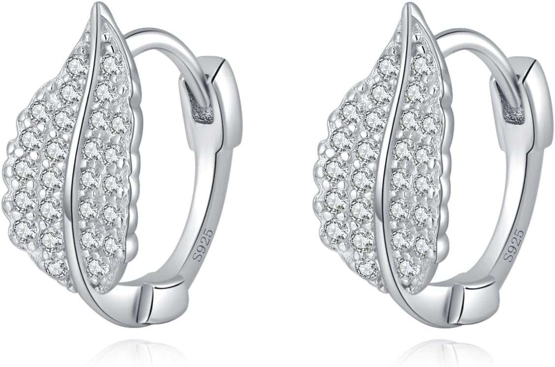 SLUYNZ Sterling Silver CZ Leaf Hoop Earrings for Women Leaf Small Hoop Earrings Huggie