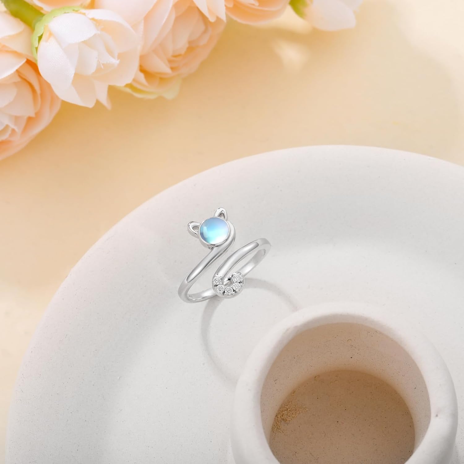 Cat Adjustable Ring with Moonstone for Women 925 Sterling Silver Cute Cat Animal Open Rings Birthday Jewelry Gifts for Her - Image 3