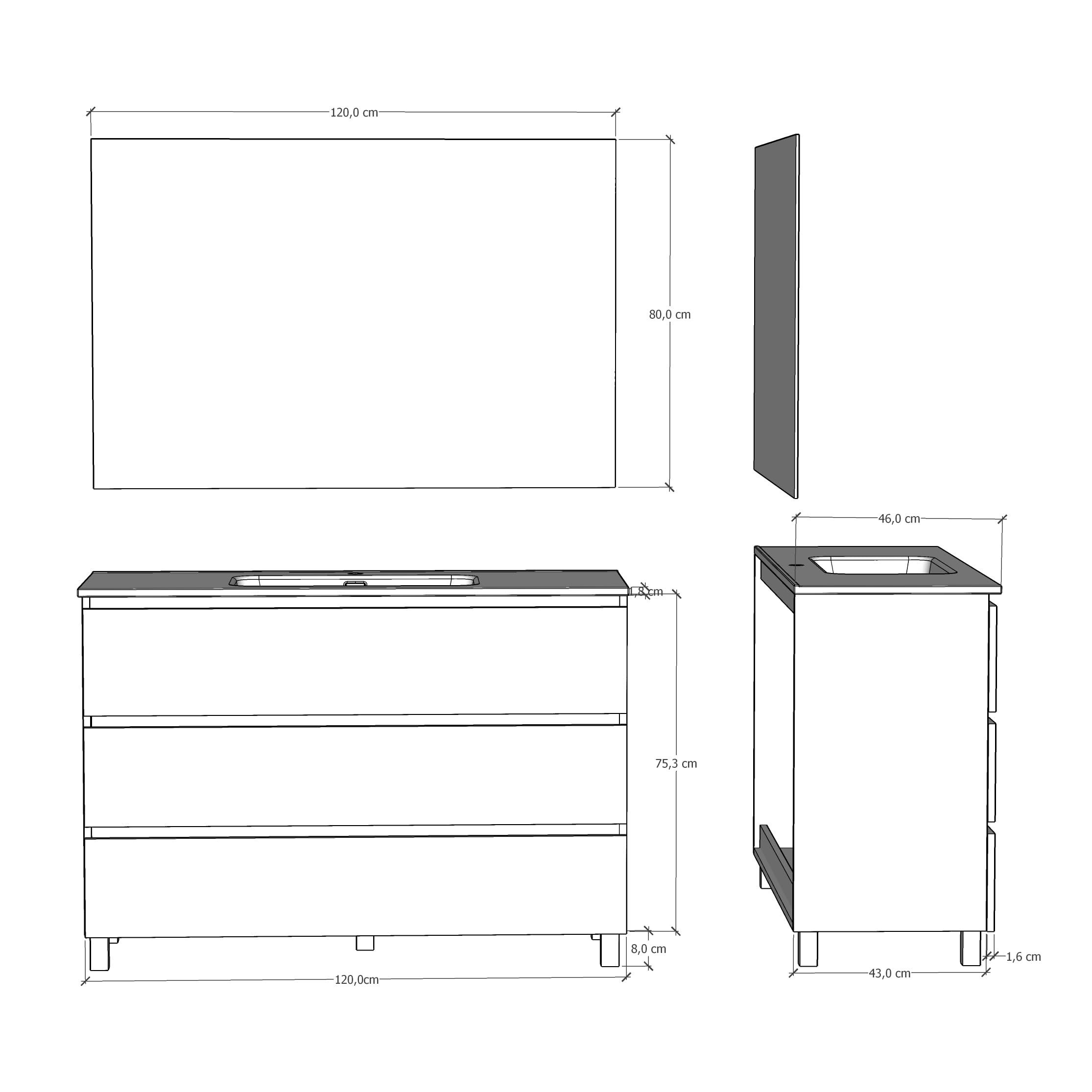 Baikal Conjunto de Mueble de Baño Neo con Espejo Luna Lisa, Tres Cajones o Dos Puertas, Mueble con Patas. Varios Acabados y Medidas. Melamina 16mm. Mueble MONTADO. 3c 120 Nature