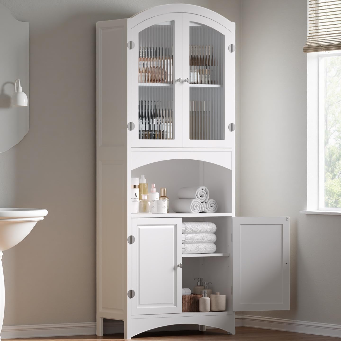 64" H Tall Storage Cabinet, Bathroom Floor Cabinet with Fluted Glass Doors & Adjustable Shelves, Upgraded All Painted White Kitchen Pantry Cabinet with Hutch, 24" L x 12" W x 64" H