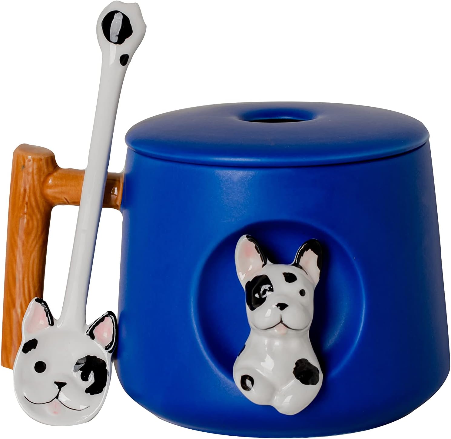 DIHOclub Ceramic Coffee Mug with Lid and Matching Spoon,Novelty 3D BullDog Pattern Mug for Tea Milk Chocolate Juice,Cute Cup for Dog Lovers,Perfect Gifts-14 Ounces (blue)