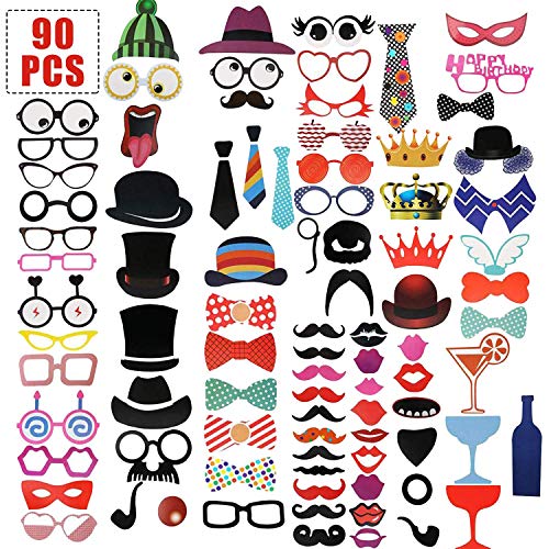 Trimming Shop Selfie Photo Booth Funny Props Designs Assortis pour Le Nouvel an, cotillons, célébrations d'anniversaire, événement, Photographie de Noël, décorations, 90 pièces