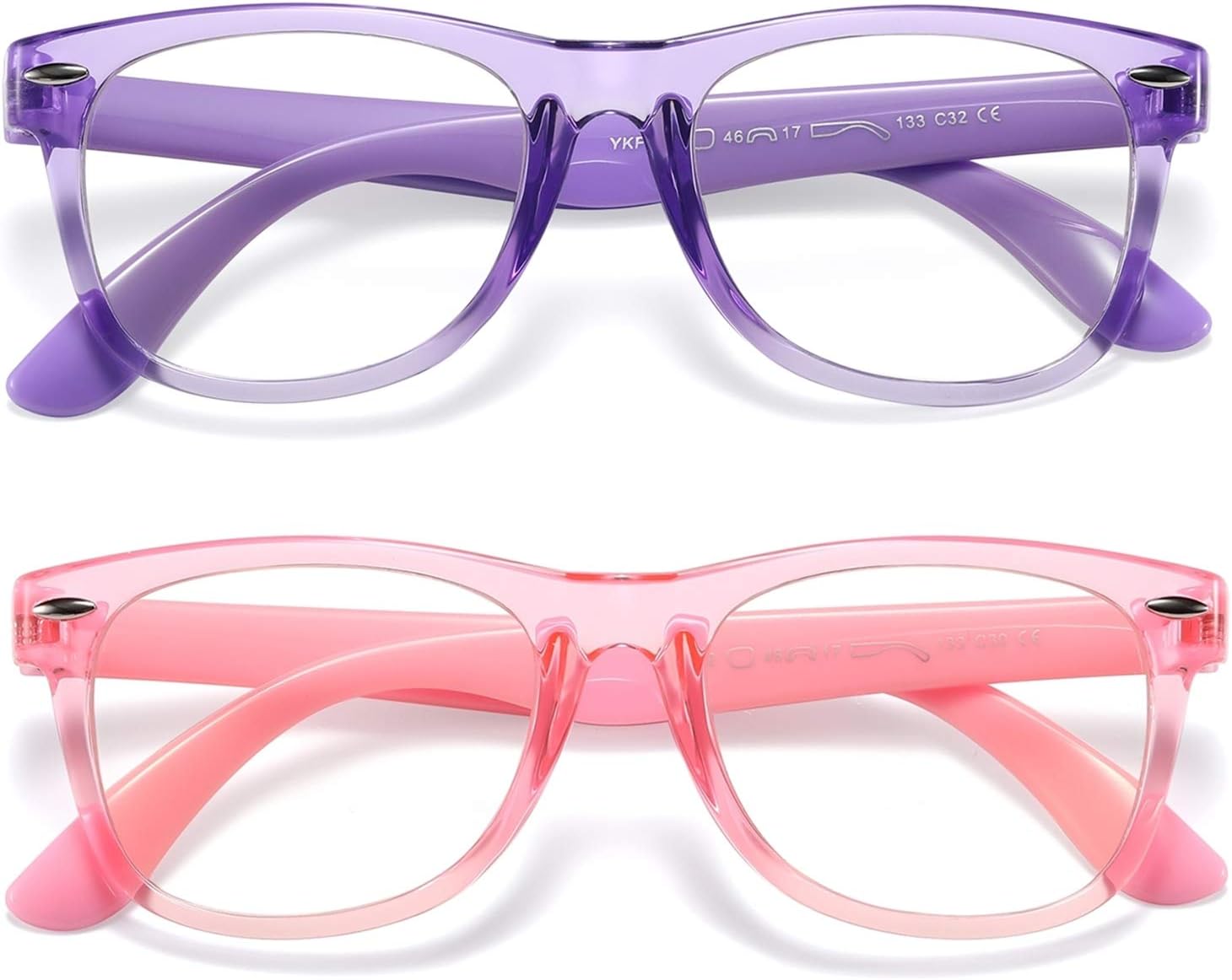 DYLB Kids Blue Light Blocking Glasses Girls Boys 2 Pack, Computer Glasses for Kids Girls Boys Age 3-10,Anti Blue Light & Headache (Transparent Purple + Transparent Pink)