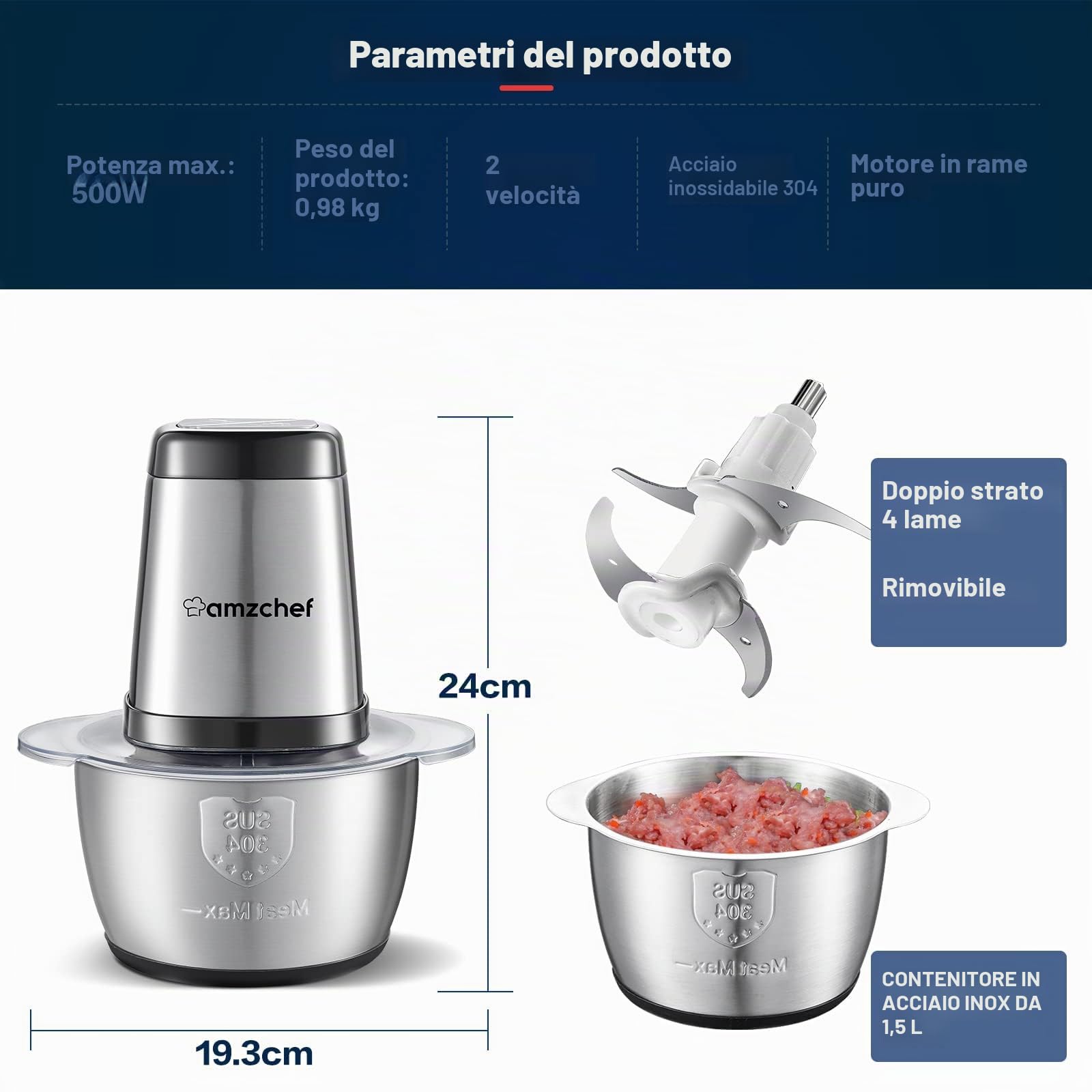 AMZCHEF Tritatutto da Cucina Elettrico, 500W, Mini Tritatutto con Ciotola in Acciaio Inox da 1.5L, 4 Lame Affilate, Multifunzione Tritatutto per Frutta Verdura Carne Spezie