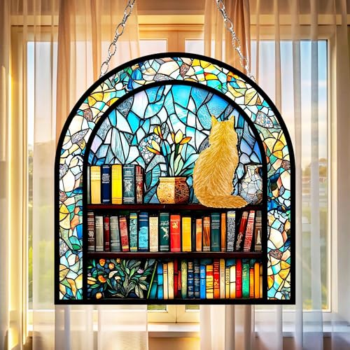OTAKU KRAFT Personalized Cat with Book Acrylic Suncatcher Custom Reading Window Hanging Breeds Gift for Mom Lover Sun Catchers Indoor Windown Suncatchers Windows Garden Decor Outdoor