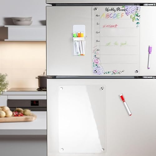 Miniatura 6 de Pizarra magnética acrílica de borrado en seco para nevera, planificador semanal y bloc de notas transparentes para refrigerador de 9 x 13 pulgadas,