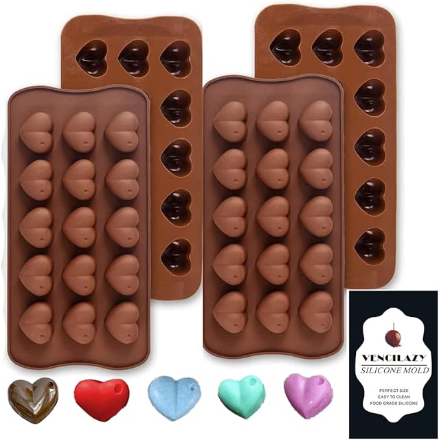 Vencilazy Heart Silicone Mould 4PCS 15-Cavity Valentine Heart Chocolate Mold Ice Cube Tray Candy Jelly Mold DIY Wax Melt Moulds Baking Accessoire for Party Cake Decoration