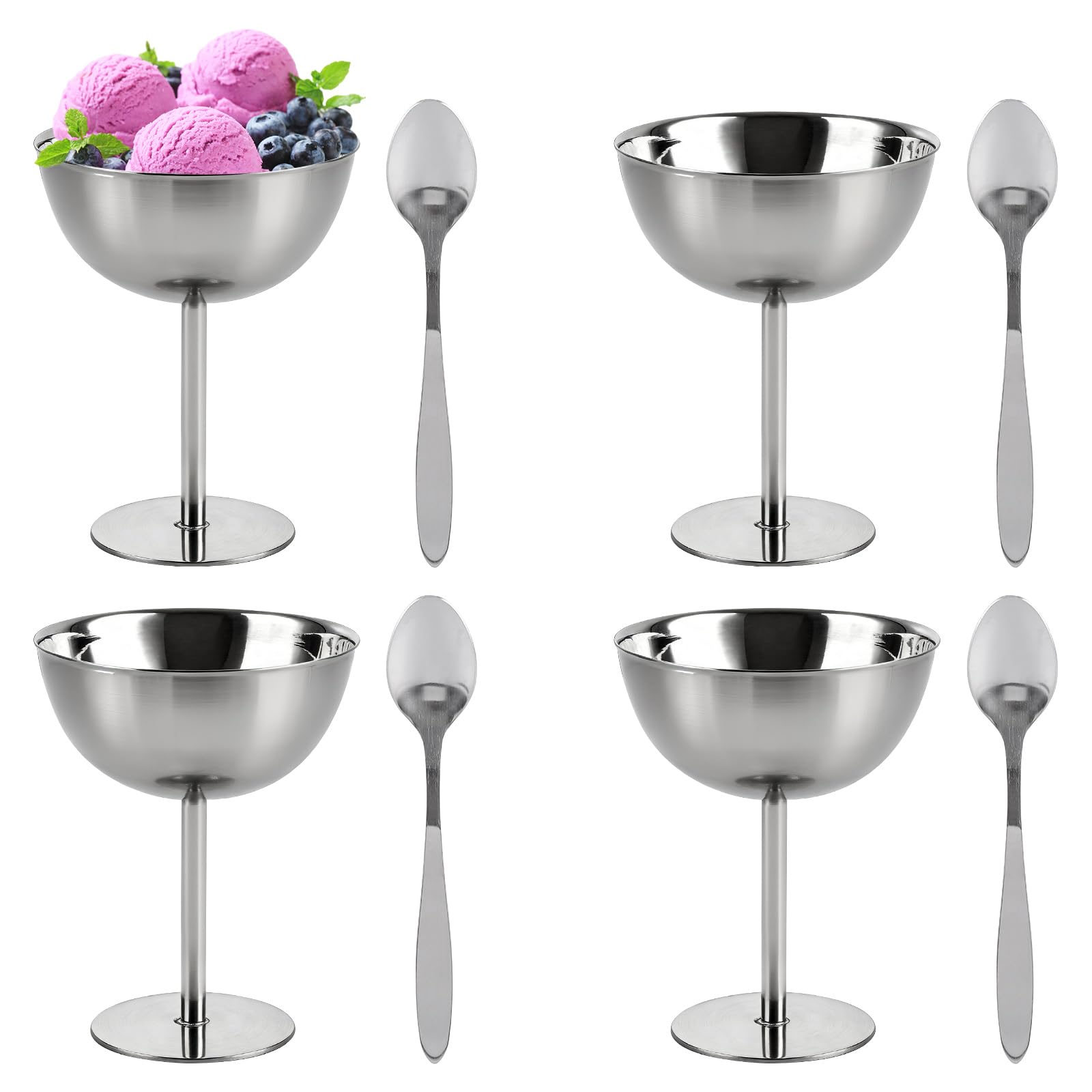 LDXDRU 4 PCS Dessert Bowls, 4 x 4.5in 200ml Ice Cream Cups, Silver Stainless Steel Sundae Glasses, Pudding Bowl for Ice Cream, Pudding, Cake