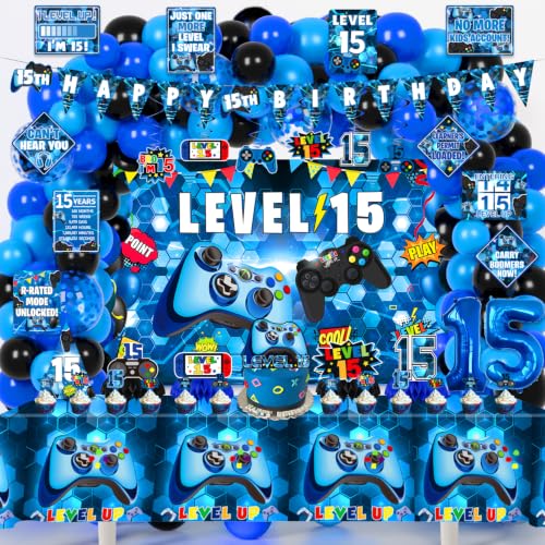 15th Birthday Decorations for Boys, Blue Video Game level 15 Party Decor - image 1