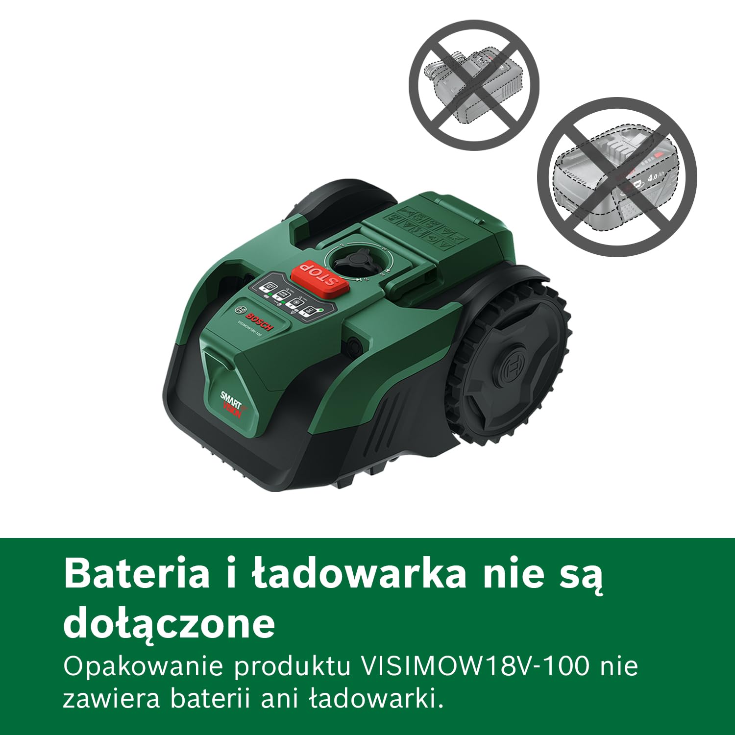 Bosch Akumulatorowy robot koszący VISIMOW18V-100 (do trawników o powierzchni do 100 m², szerokość cięcia: 16 cm, wysokość cięcia: 20 – 60 mm, bez akumulatora)