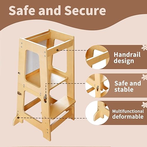 Miniatura 3 de MOOB Taburete de cocina para niños, taburete de madera para niños, taburete de aprendizaje de altura de mostrador para niños, ayudante de cocina con