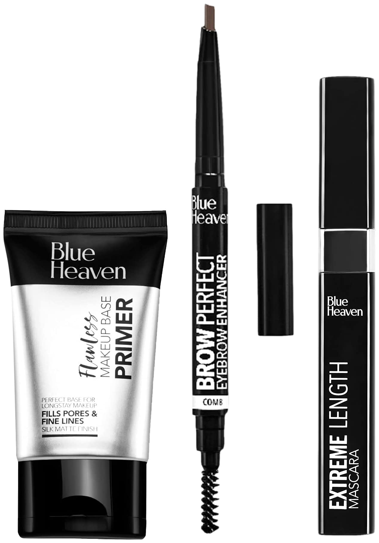 Blue Heaven Flawless Makeup Base Primer, 30g & Blue Heaven Artisto Eyebrow Enhancer Pencil & Styler, Honey Brown,0.30g & Blue Heaven Extreme Length Mascara, Black, 9 ml
