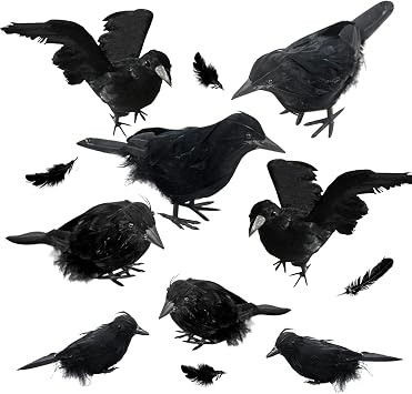 Evoio Halloween Black Feathered Crows 8 Pcs Handmade Raven Birds Decor