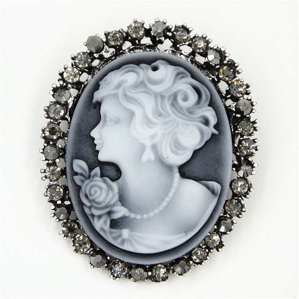 Broche bijou camée buste femme beige et strass cristal, acier bronze. Style vintage
