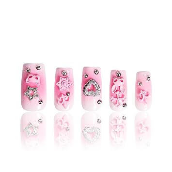LOVFUL Press on Nails Pink Bliss Blush | Handmade with Full Covered Crystals | Reusable Full Cover Nails | Square Regular 1.0 in | H141-M