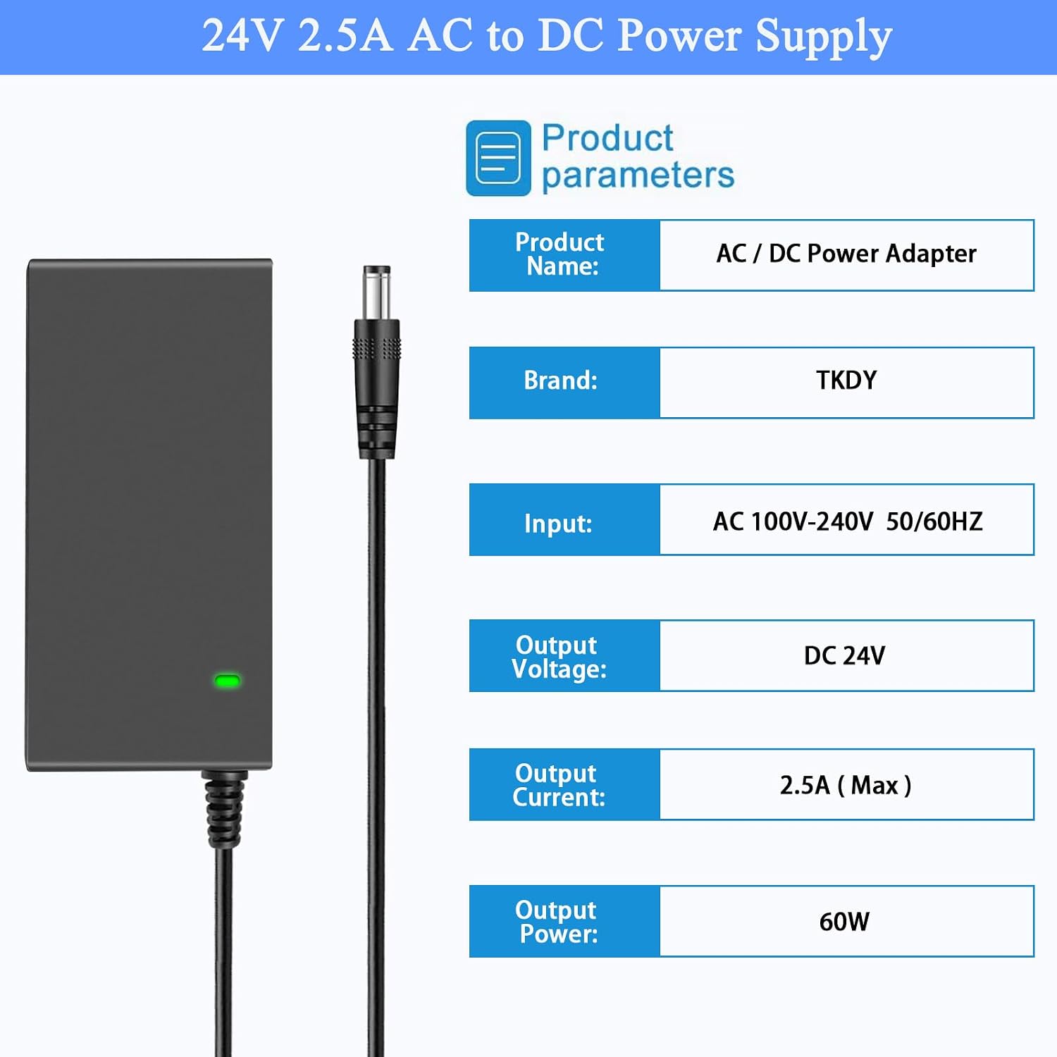 24V Power Supply 2.5A AC Adapter, fit for DC 24 Volt Logitech G29 G920 Racing Wheel/LED Light Strip/Vizio Soundbar/Dymo 4XL Printer etc,100-240V 50/60Hz Power Cord, with 8 DC Tips.