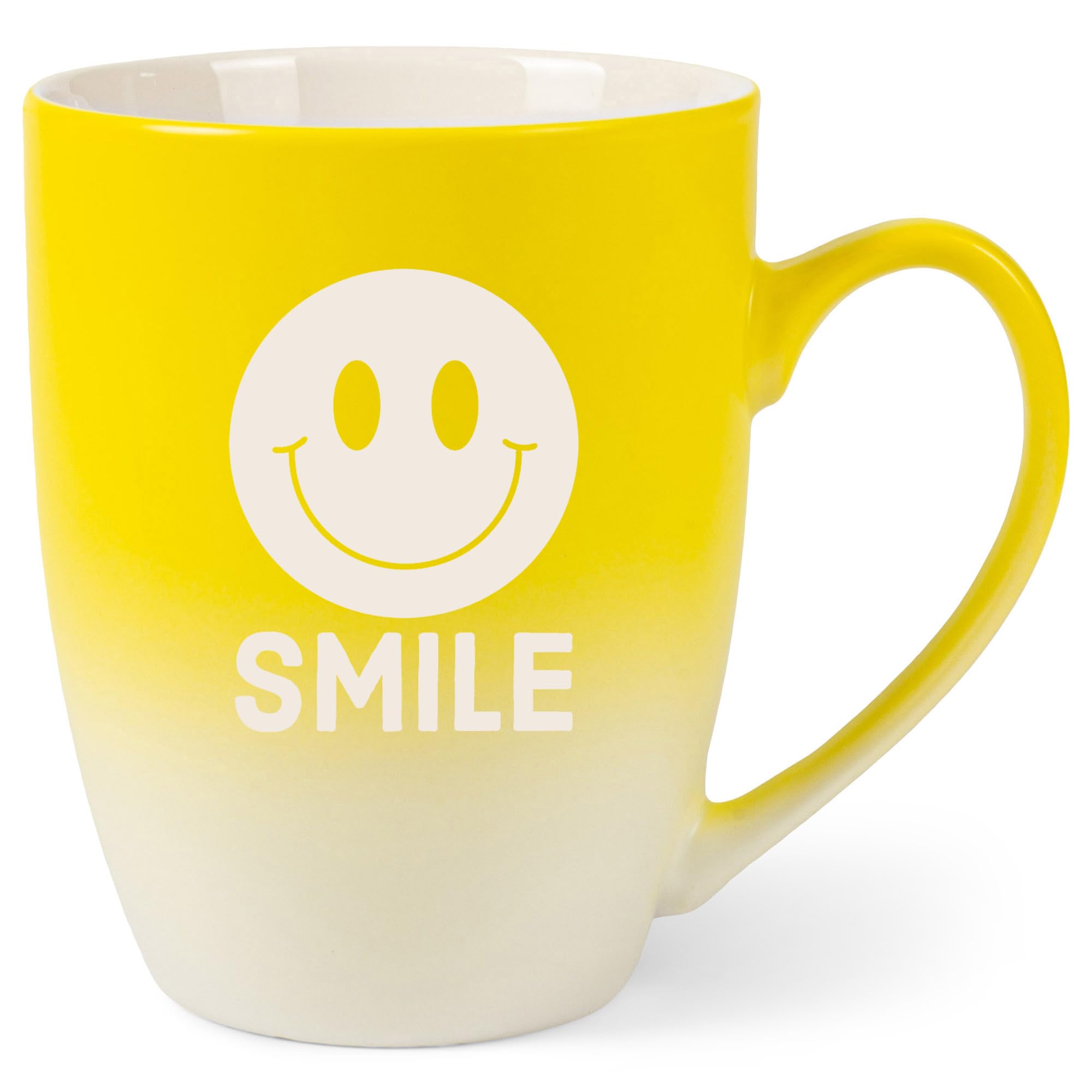 Smiley Face 10 Ounce Yellow and White Two Toned Ombre, Comfortably Fits Your Hands, Ceramic Tea Coffee Cup Mug, Smile