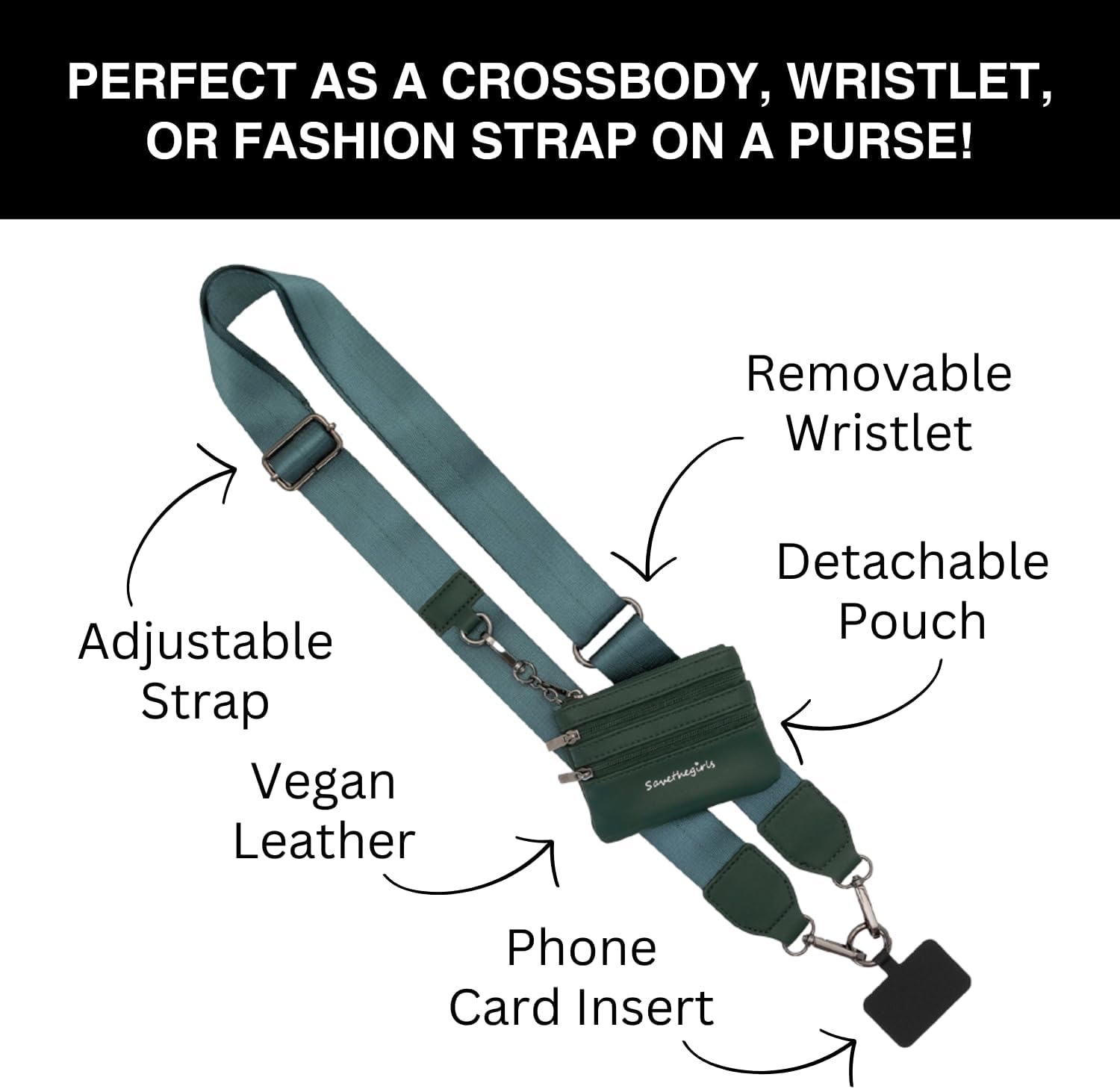 Save the Girls Clip and Go Phone Strap Solid (Green - Green Pouch) - Crossbody Phone Strap Chain with Zipper Wallet Pouch, Zippered - Image 4