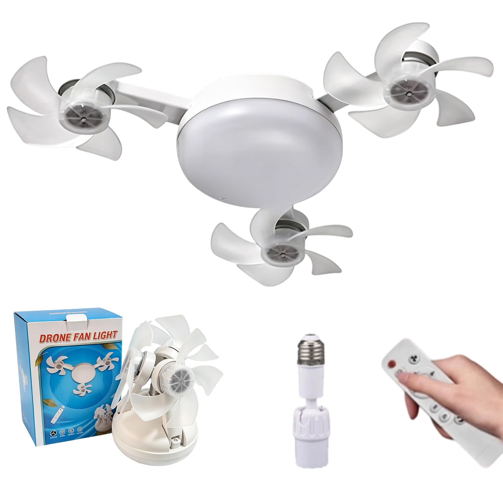 Ventilador de techo E27 tipo dron con luz LED regulable de 3 cabezales ajustable 8